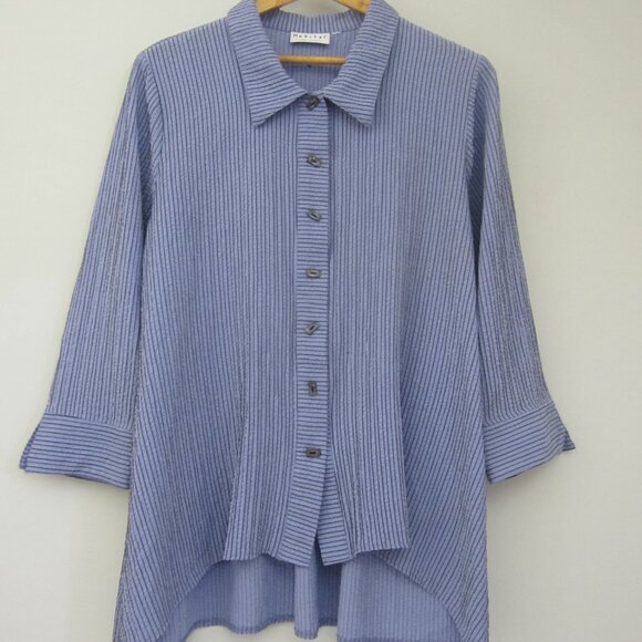 Habitat Womens M Periwinkle Blue Stripe 3/4 Sleeve Tunic Shirt Relaxed Rayon - Picture 7 of 13
